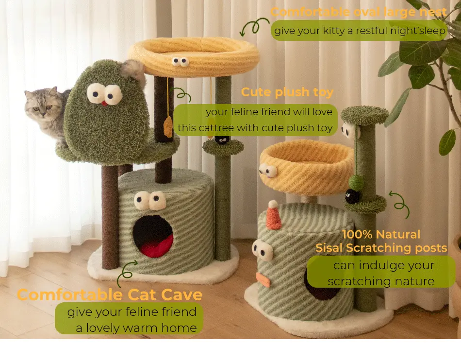 Cat cave, oval bed, toys and sisal scratching features