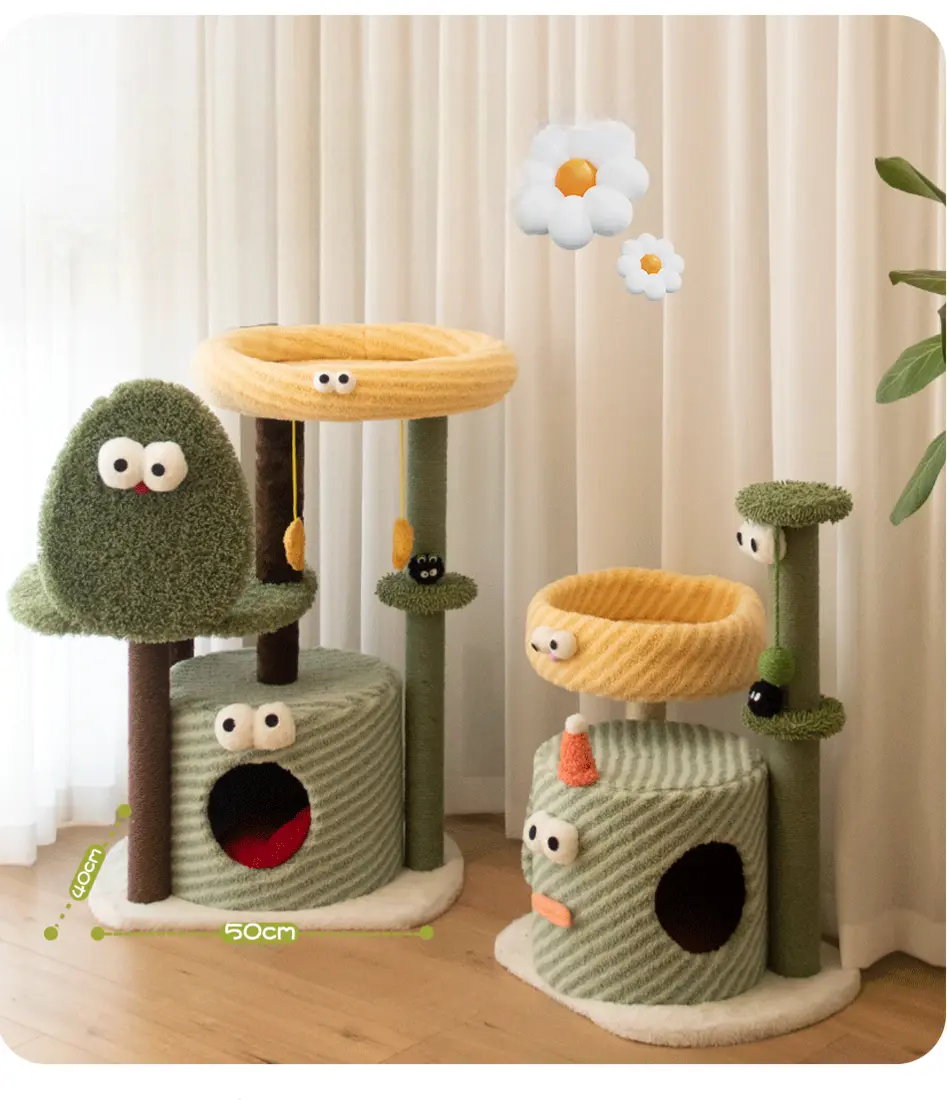 Green and yellow character-themed cat tree variants