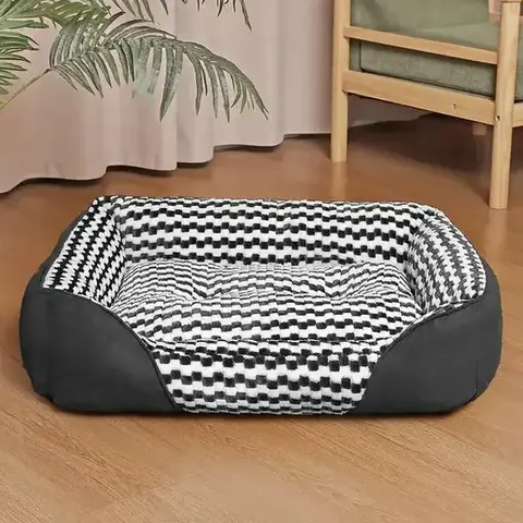 Black checkered bolster pet bed