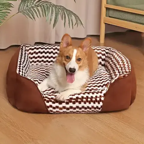 Dog resting in checkered bolster sofa pet bed