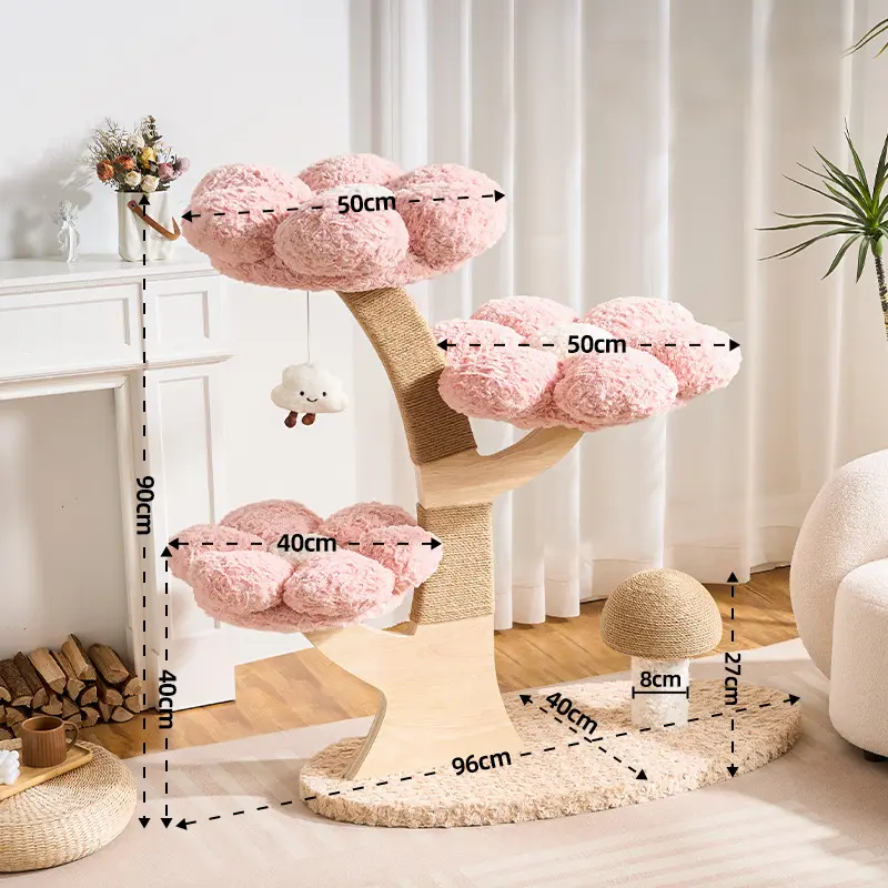 Three-level pink cloud flower wood cat tree