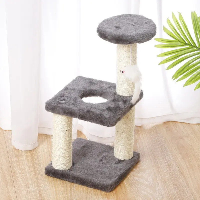 Compact dark grey three-post cat tree