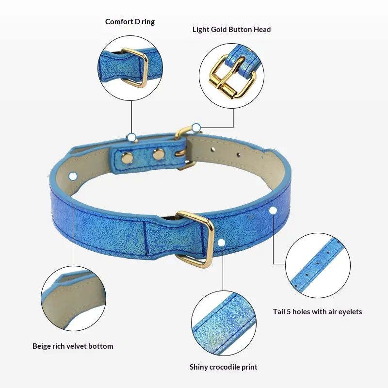 Crocodile-texture collar hardware and backing details