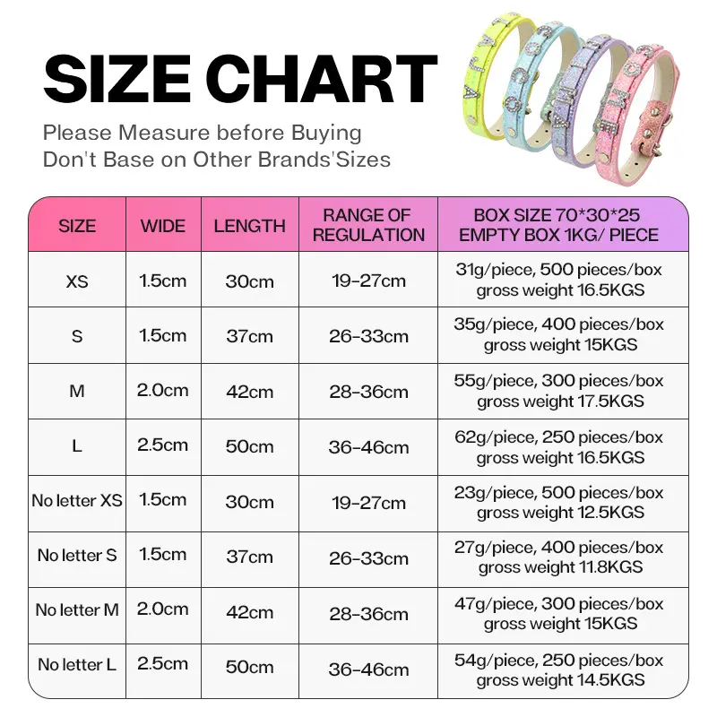 Glitter letter collar reference size chart