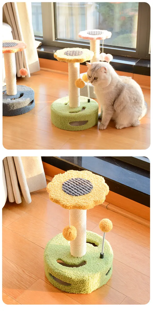 Interactive flower scratching post with cat and detail view