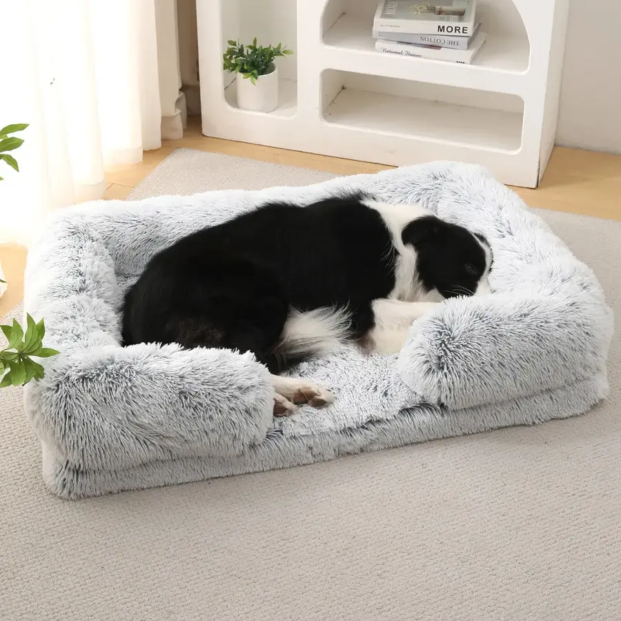 Grey shag orthopedic bolster pet bed with dog