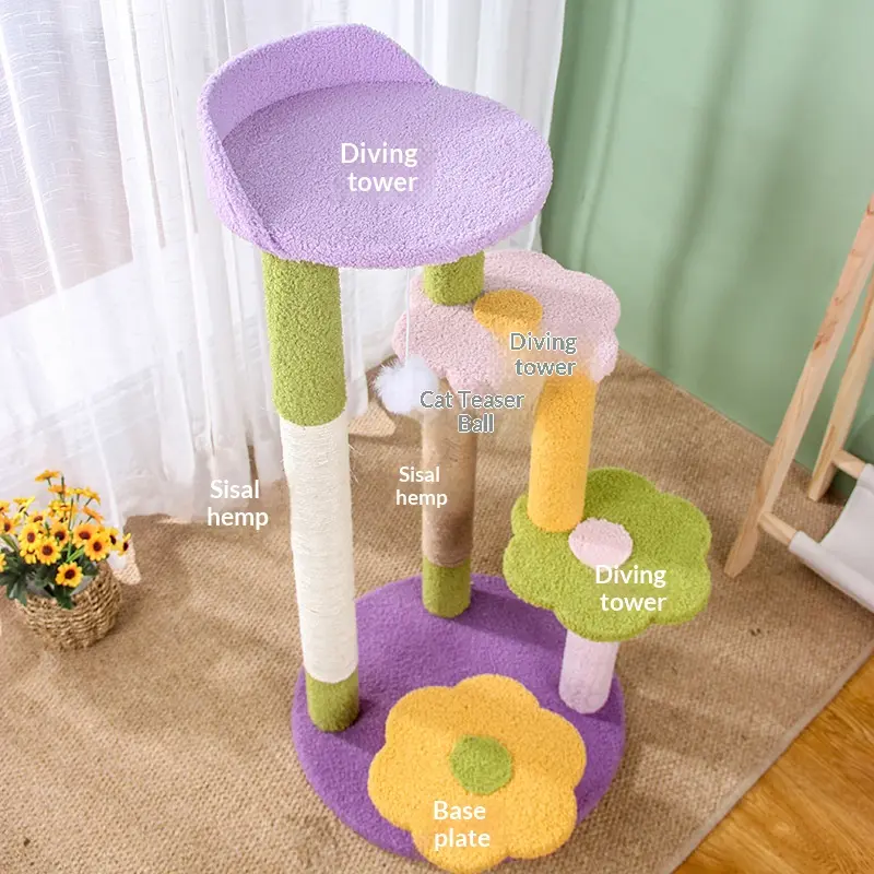 Pastel cat tree platforms, sisal and teaser ball features