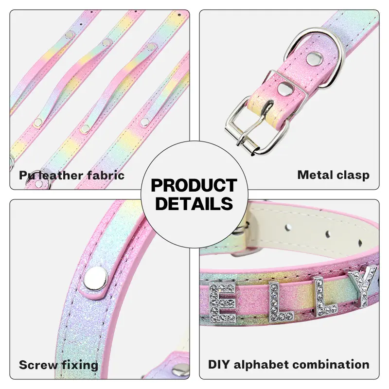 PU material, metal clasp, rivets and letter customization details