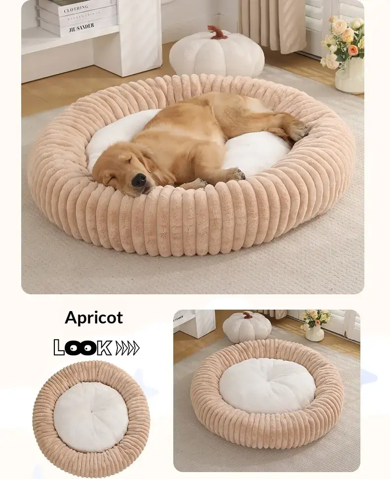 Apricot round bolster pet bed detail views
