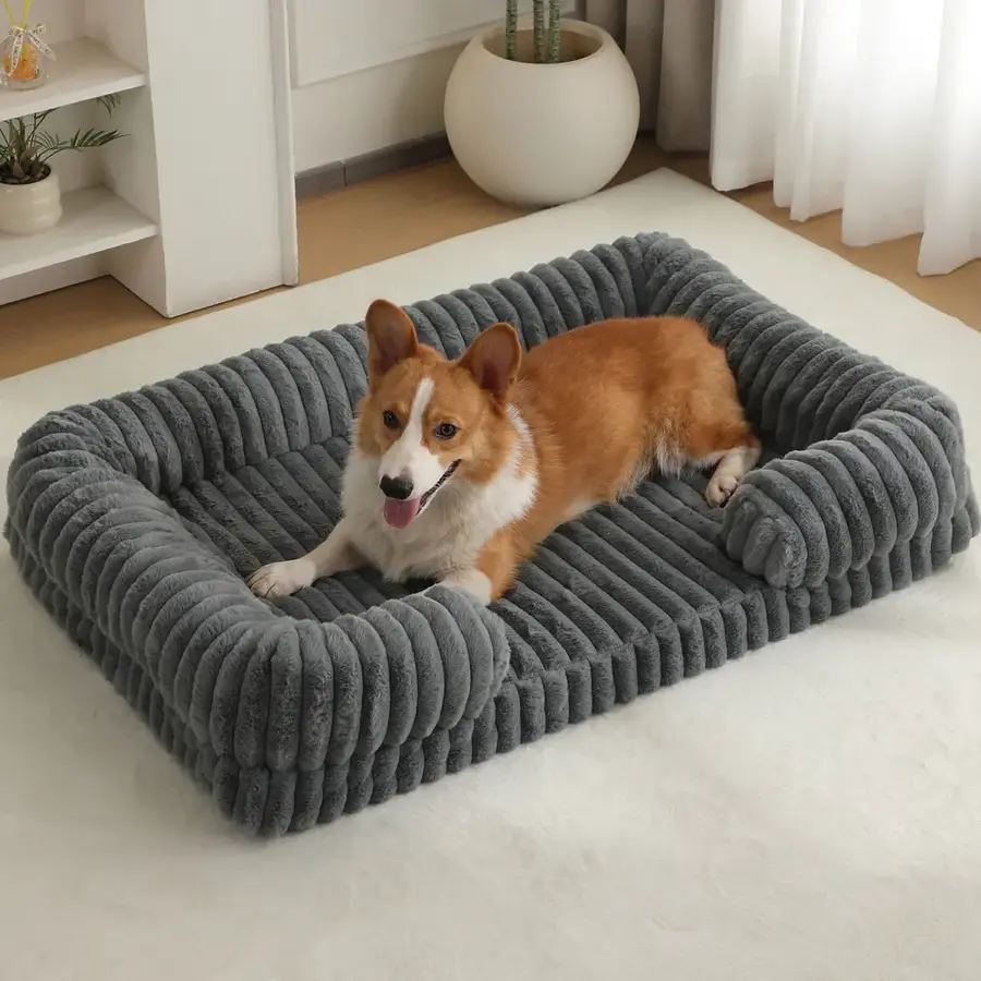 Grey ribbed rectangular sofa pet bed with dog