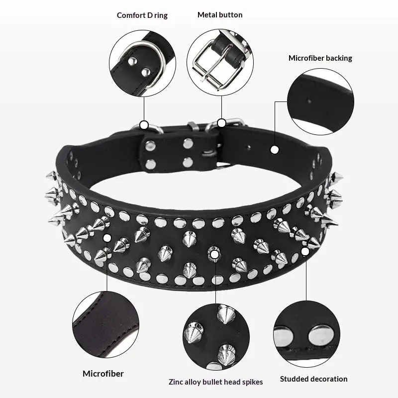 Wide collar backing, buckle, studs and spike details