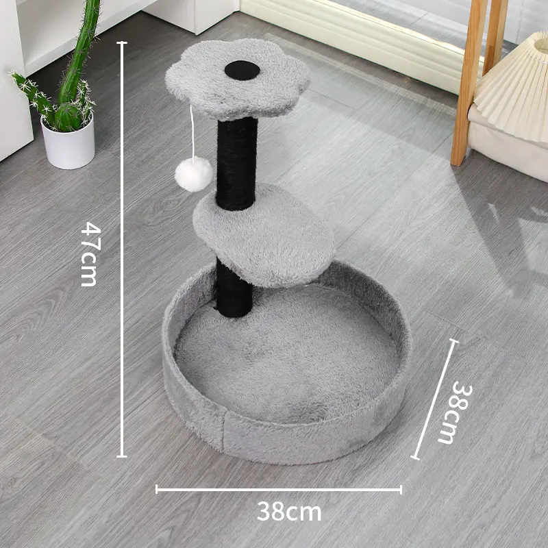 Grey three-tier round-bed cat tree with dimensions